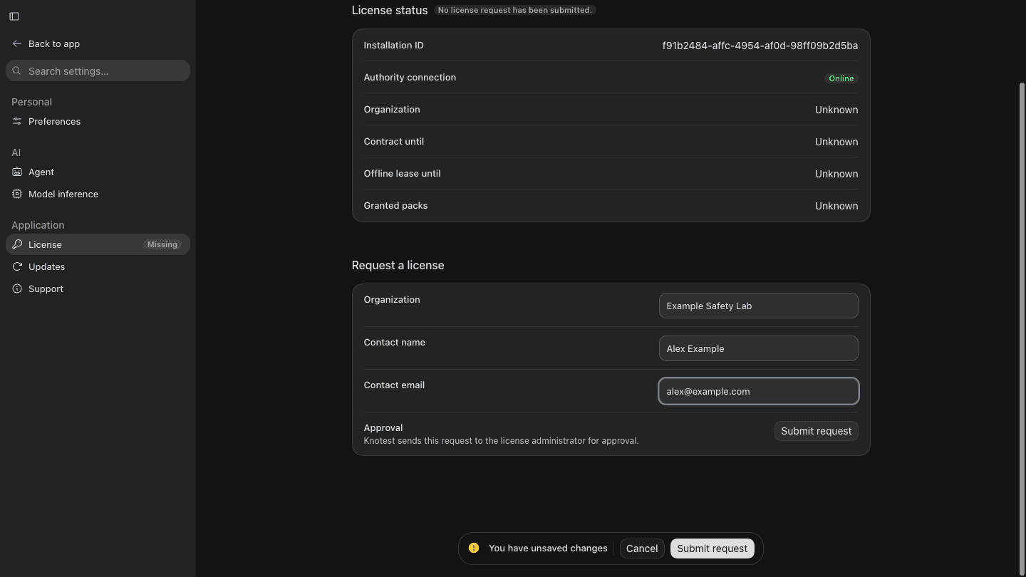 Dark client License page with Organization, Contact name, and Contact email completed and Submit request available.