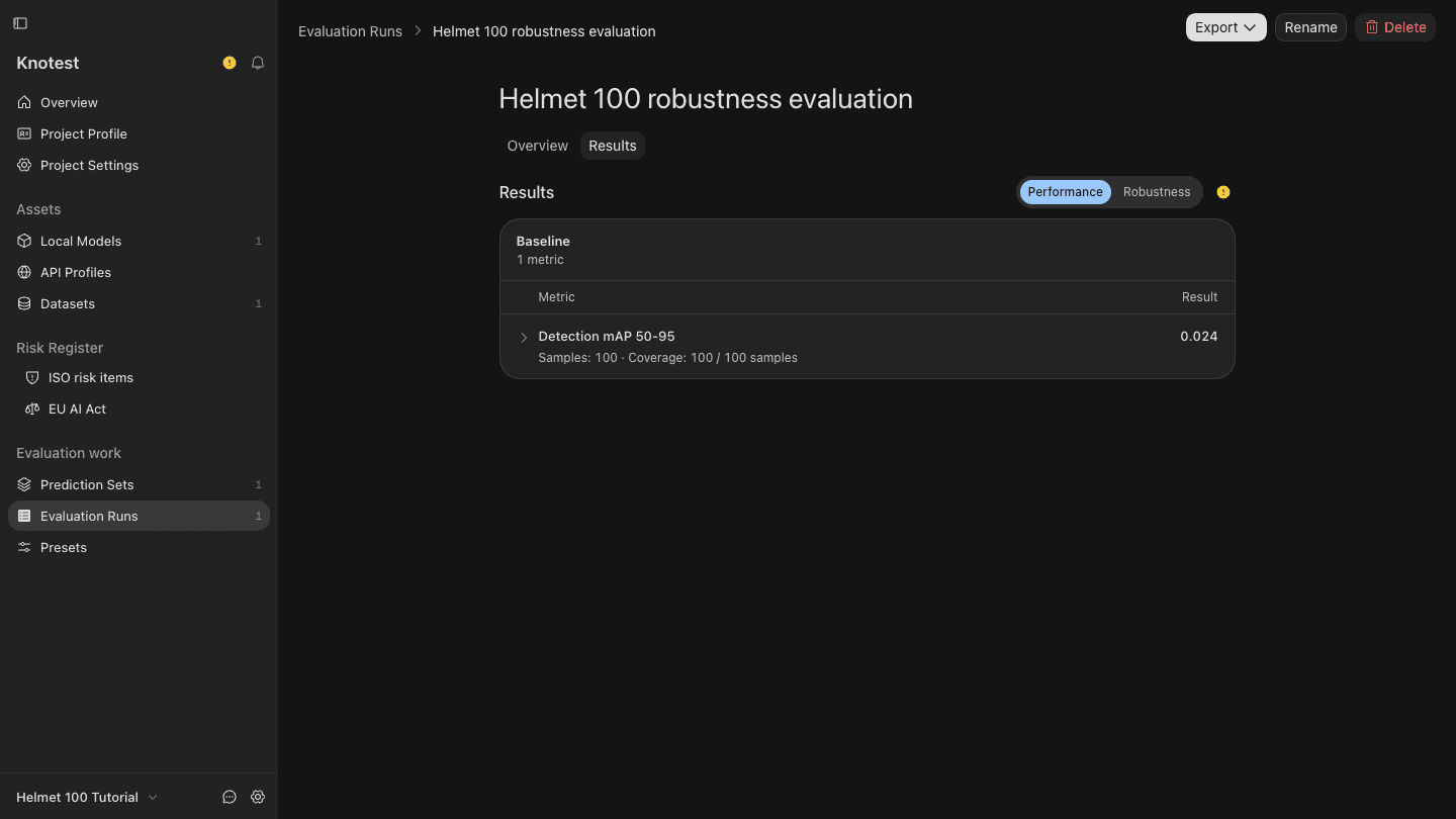 Completed Evaluation Performance result showing Detection mAP 50-95 and 100 validation samples.