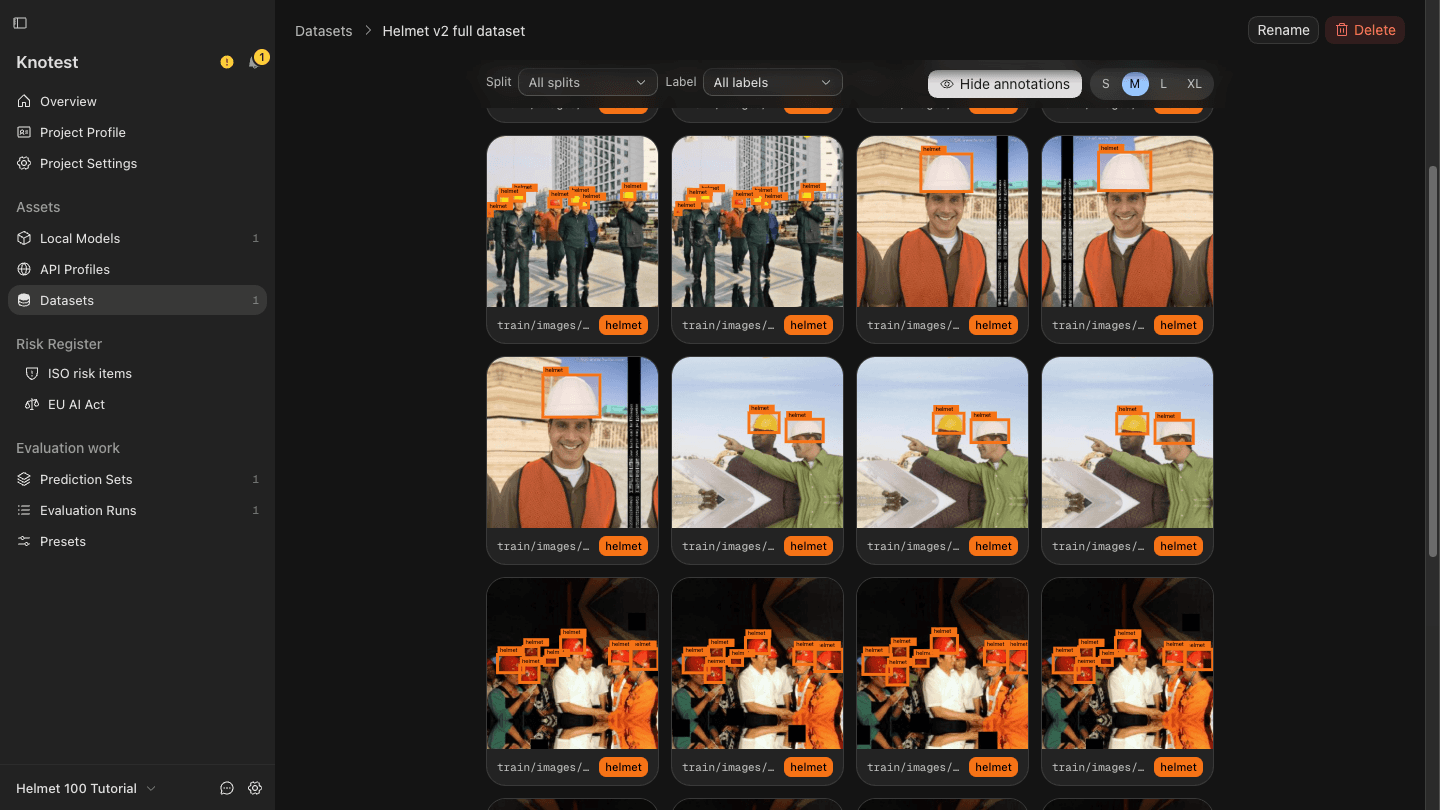 Imported Helmet v2 full dataset Dataset with annotated samples and split and label controls.