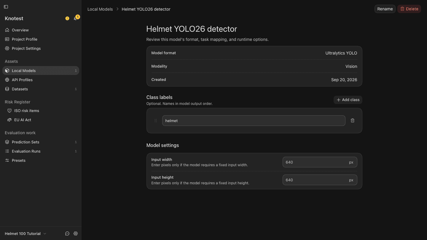 Helmet YOLO26 detector Model settings with the helmet class and 640 by 640 input dimensions.