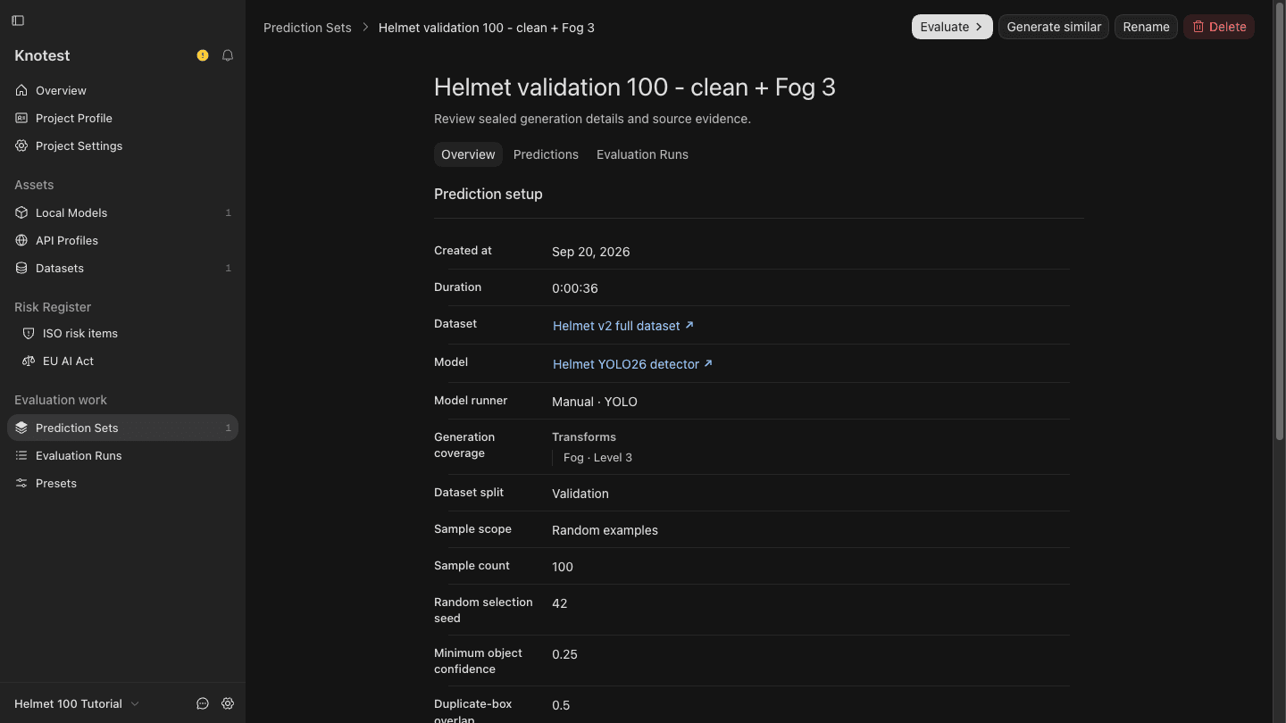 Sealed Helmet Prediction Set showing Fog level 3, Validation split, and inference thresholds.