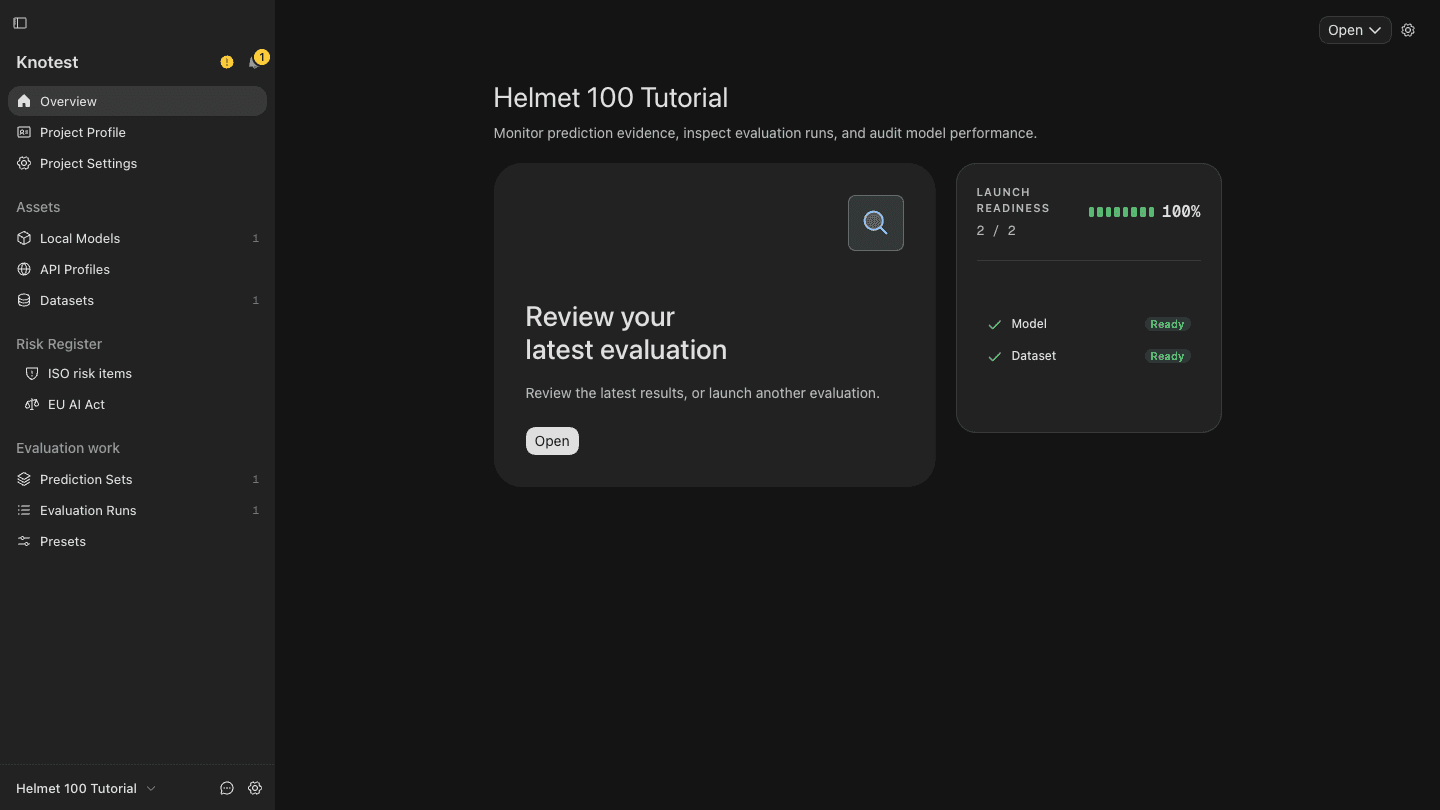 Helmet 100 Tutorial Overview after its first completed Evaluation, with Model and Dataset ready.