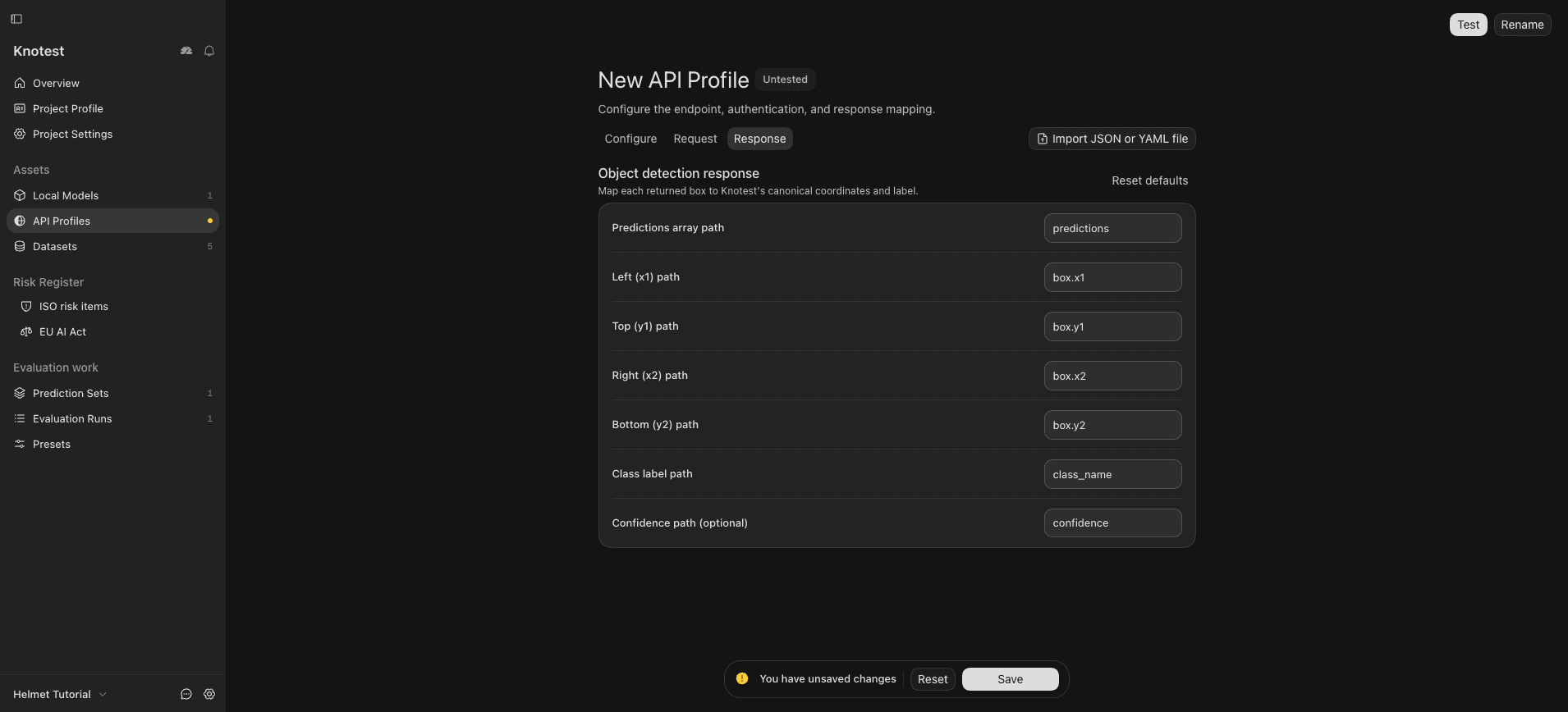 Unsaved example Object detection API Profile with response field mappings and no credentials.