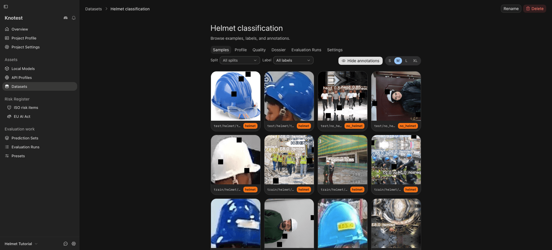 Imported Helmet classification Dataset with labeled sample thumbnails.