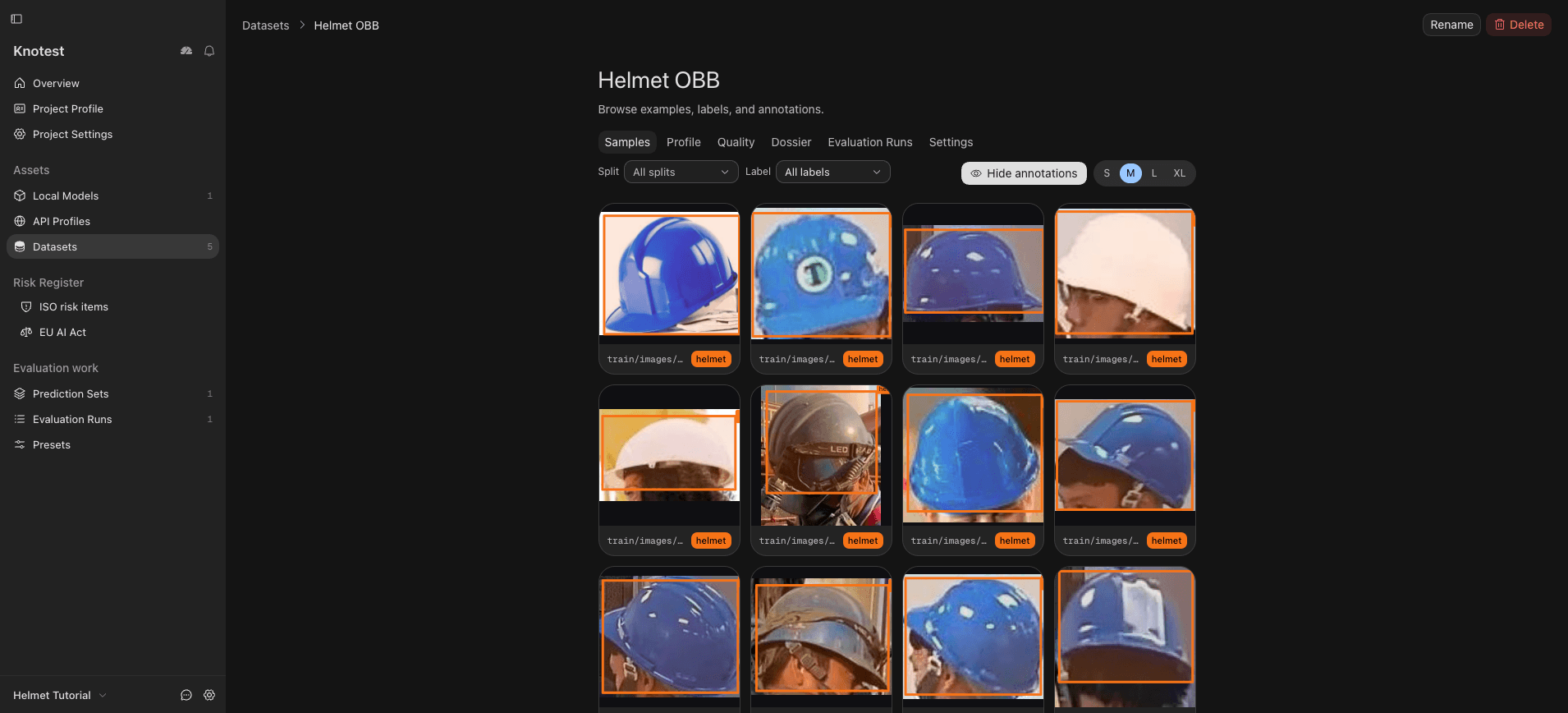 Helmet oriented bounding-box Dataset sample grid with annotation overlays.