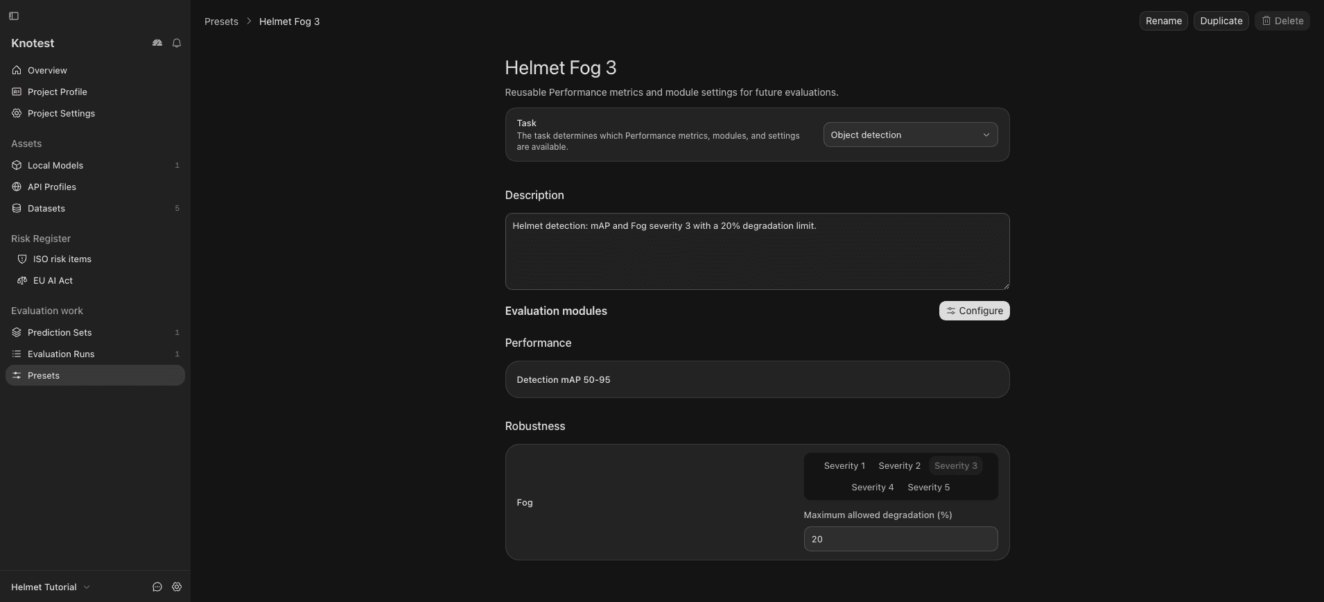 Object detection Evaluation Preset editor with Performance and Fog settings.