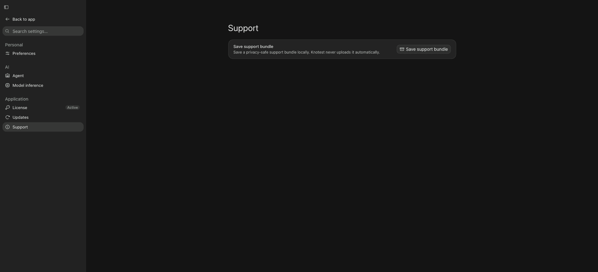 Settings Support page with the Save support bundle action.