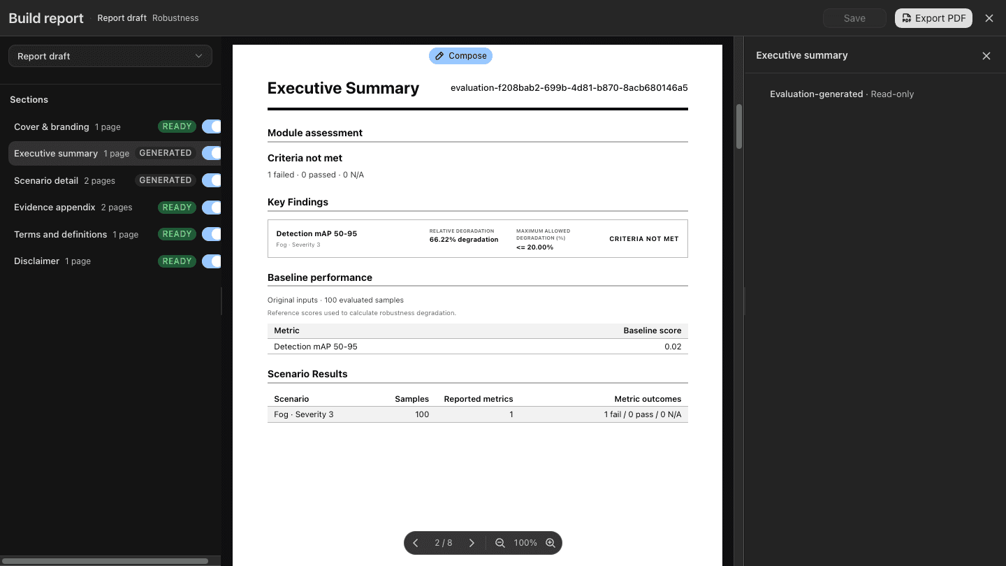 Robustness report builder with its section outline and live summary preview.