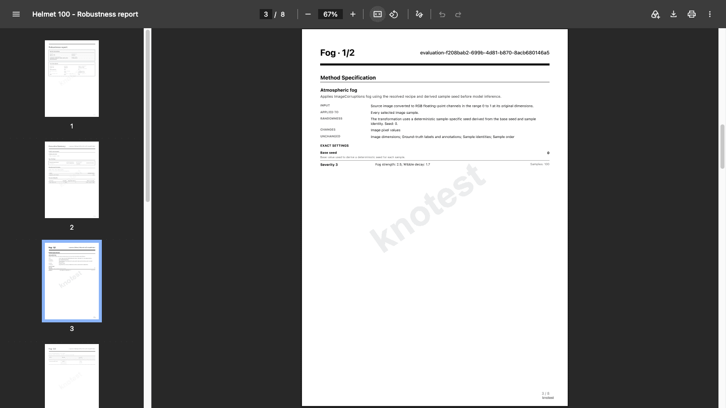 The exported eight-page Robustness report opened in an independent PDF viewer.