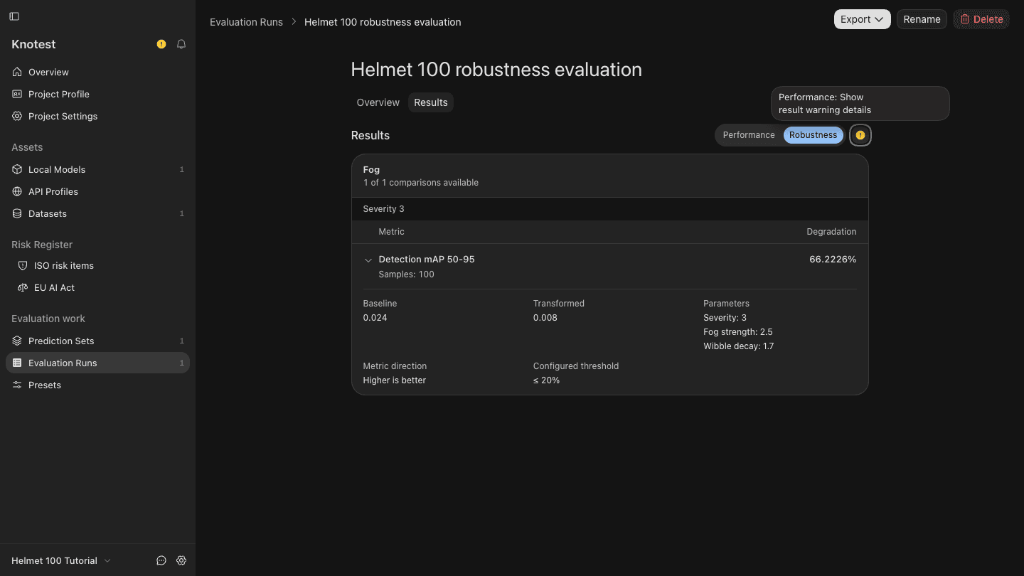Expanded Fog severity 3 result showing Baseline, transformed value, degradation, 100 validation samples, and the configured threshold.